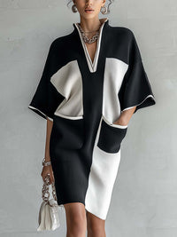 Vestido midi en bloques de color negro y blanco con mangas murciélago