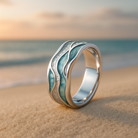 Anillo de plata con turquesa y diseño de olas